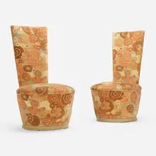 Slipper chairs, pair by James Mont, c. 1970, Jack Lenor Larsen upholstery, lacquered wood, sold Aug 2023