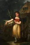 Maid with basket of vegetables before a cottage by George Morland, oil on canvas, sold Sep 2015