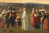 English School 19th century, A Tudor scene of father and daughter leaving the family estate and manor house