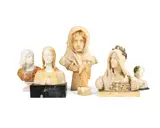 carved alabster bust of a maiden together with four early 20th century carved alabaster busts and an alabaster and ivory figure by Andrae Kompatscher, alabaster, sold Sep 2015