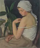 Junge Frau mit Kopftuch by Bruno Breil, Um 1930, Öl auf Leinwand, sold Nov 2024