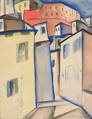 Genuavorstadt by Georg Schrimpf, 1918, Aquarell auf Papier, auf Karton aufgezogen, im Original-Passepartout, sold Jan 2026