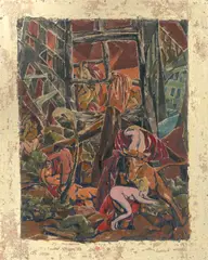 Nacht am Ende einer Stadt by Moritz Melzer, 1930, Gouache über Farbmonotypie auf Papier, aufgezogen auf Hartfaser, sold Oct 2023