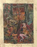 Nacht am Ende einer Stadt by Moritz Melzer, 1930, Gouache über Farbmonotypie auf Papier, aufgezogen auf Hartfaser, sold Oct 2023