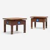 Occasional tables from the Megiddo Collection, pair by Ib Kofod-Larsen, c. 1970, wenge, enameled copper, brass, sold Aug 2023