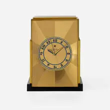 Modernique table clock, model 431 by Paul Theodore Frankl, 1928, brass, Bakelite, glass, sold Aug 2023