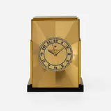 Modernique table clock, model 431 by Paul Theodore Frankl, 1928, chrome-plated metal, Bakelite, glass, enameled brass, sold Aug 2023