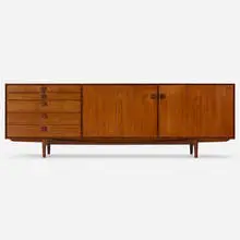 Cabinet by Ib Kofod-Larsen, c. 1960, teak, rosewood, sold Aug 2023