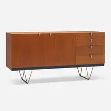 Cabinet by John and Sylvia Reid, 1959, teak, matte chrome-plated steel, chrome-plated brass, laminate, sold Aug 2023