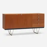 Cabinet by John and Sylvia Reid, 1959, teak, matte chrome-plated steel, chrome-plated brass, laminate, sold Aug 2023
