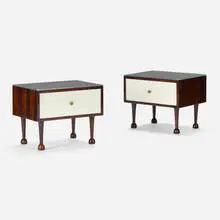 Nightstands, pair by Geraldo de Barros, c. 1956, jacaranda, formica, brass, glass, sold Aug 2023