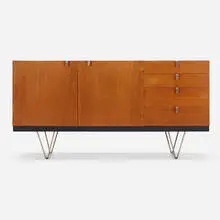 Cabinet by John and Sylvia Reid, 1959, teak, matte chrome-plated steel, chrome-plated brass, laminate, sold Aug 2023