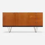 Cabinet by John and Sylvia Reid, 1959, teak, matte chrome-plated steel, chrome-plated brass, laminate, sold Aug 2023