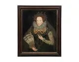 A portrait of Queen Elizabeth I, half length, wearing a highly elaborate jewel-encrusted dress and jewel-encrusted headdress, holding an ostrich feather fan by John Bettes the Elder, oil on panel, probably painted circa 1800, sold Apr 2015