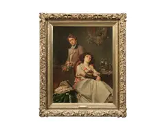 'Love in a teacup' by Edwin Roberts, A lady with her suitor seated in an interior, a bonnet and fan resting nearby, tea kettle, cups and saucers beside, offered Apr 2015