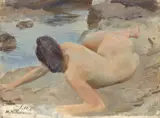 Weiblicher Rückenakt, am Wasser liegend by Max Pietschmann, 1891, Öl auf Leinwand auf Pappe, sold Oct 2018