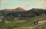 Blick über Krummhübel auf die Schneekoppe by Albert Hertel, 1862, Öl auf Papier, auf Pappe aufgezogen, sold May 2012