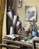 Le coin du Graveur by Frans Masereel, 1967, Öl auf Leinwand, auf Hartfaser aufgezogen, sold Dec 2007
