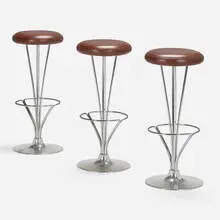 Stools, set of three by Piet Hein, 1971 / 1976, leather, chrome-plated steel, aluminum, sold Aug 2023