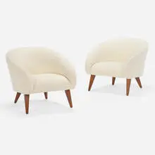Lounge chairs, pair by Sherman Bertram, c. 1950, bouclé upholstery, oak, sold Aug 2023