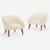 Lounge chairs, pair by Sherman Bertram, c. 1950, bouclé upholstery, oak, sold Aug 2023