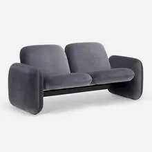 Chiclet settee by Ray Wilkes, mohair upholstery, enameled steel, sold Aug 2023