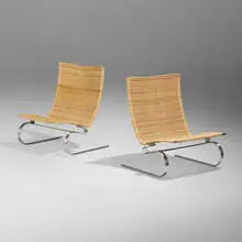 PK 20 lounge chairs, pair by Poul Kjærholm, 1968 / 1999, matte chrome-plated steel, cane, sold Aug 2023