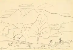 Landschaft mit See by Gabriele Münter, Bleistift auf Papier (aus einem Skizzenblock), sold Jun 2010
