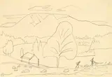 Landschaft mit See by Gabriele Münter, Bleistift auf Papier (aus einem Skizzenblock), sold Jun 2010