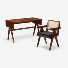 Desk and Office Cane chair from Chandigarh by Pierre Jeanneret, c. 1955/60, teak, cane, upholstery, sold Aug 2023