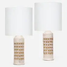Table lamps, pair by Bitossi, c. 1960, glazed earthenware, plastic, sold Aug 2023