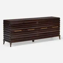 Cabinet by Tommi Parzinger, c. 1960, lacquered mahogany, brass, sold Aug 2023