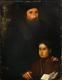 A portrait of a man and his son, half-length, with an open book before him by Venetian School, oil on unstretched canvas, sold Dec 2015