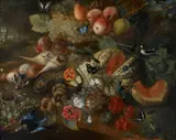 A still life with fruit, birds and butterflies by German School, oil on canvas, offered Dec 2015