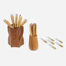 Collection of utensils by Carl Auböck II and Carl Auböck III, 1955, stainless steel, cane, rosewood, teak, sold Aug 2023