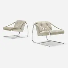 Plaza lounge chairs, pair by Charles Gibilterra, c. 1975, stainless steel, suede upholstery, sold Aug 2023