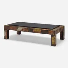 Coffee table, model PE 45 by Paul Evans, c. 1965, patinated copper, bronze, pewter, slate, sold Aug 2023