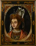 A portrait of a regal figure; also four companion paintings (a group of 5) by Continental School, first inscribed 'Rossa Solymanni Uxor' first, oil on canvas laid down on masonite; three others, oil on canvas laid down, sold Dec 2015