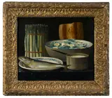 A still life with asparagus, fish and a salad on a table by French School, oil on canvas, sold Dec 2015