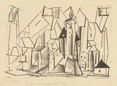 Die Architektur by Lyonel Feininger, 1920, Klischeedruck auf cremefarbenem Papier (Vorderseite des Bauhaus-Prospekts), sold Sep 2026