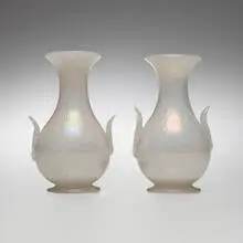 Pulegoso vases, pair by A.V.E.M., c. 1934, pulegoso glass with applied details, sold Jul 2023