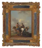Wayfarers pausing to ask their way in an open landscape by Carel van Falens, oil on panel, sold Dec 2015