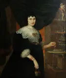 A portrait of a lady, three-quarter length, standing near a fountain holding a small basket of cherries by Dutch School, oil on canvas, offered Dec 2015