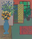 Vase auf Kommode by Ernst Schumacher, 1956, Öl auf Leinwand, sold Oct 2023