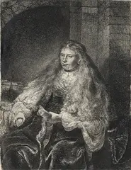 The Great Jewish Bride (B., Holl. 340; H. 127) by Rembrandt Harmensz van Rijn, 1635, Etching, drypoint and burin, fifth (final) state, trimmed to or within platemark, sold Oct 2014