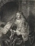 The Great Jewish Bride (B., Holl. 340; H. 127) by Rembrandt Harmensz van Rijn, 1635, Etching, drypoint and burin, fifth (final) state, trimmed to or within platemark, sold Oct 2014
