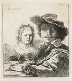 Self Portrait with Saskia (B., Holl. 19; H. 144) by Rembrandt Harmensz van Rijn, 1636, Etching, backed with thin Japan paper, third (final) state, a fine impression, sold Oct 2014