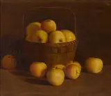 Still life with apples in a basket by American School, oil on canvas, sold Oct 2014