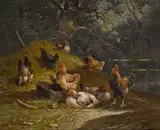 Chickens in a landscape by French School, oil on canvas, sold Oct 2014