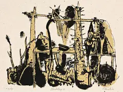 Blocksberg 7 by Neo Rauch, 1991, Farbserigraphie auf grobfaserigem Halbkarton, sold May 2014
